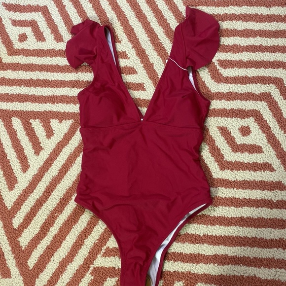 NWT BEACHSISSI S wine colored high cut one piece swimsuit with ruffle - Picture 6 of 6